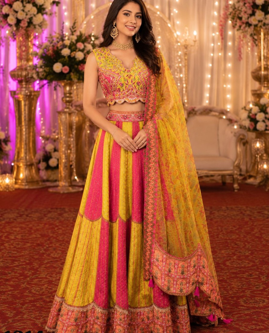 1214 - Embroidered Work Tissue Lehenga Choli In Pink and Yellow Colour